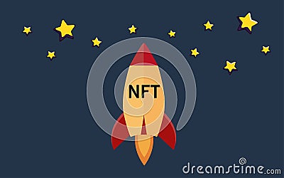 Nft coins Rocket ship flying with success. Developement concept. Nonfungible unique cryptocurrency. Vector Illustration
